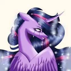Size: 894x894 | Tagged: safe, artist:galaxynight100, derpibooru import, princess twilight 2.0, twilight sparkle, twilight sparkle (alicorn), alicorn, pony, the last problem, blue mane, crying, curved horn, digital art, ethereal mane, feather, female, flowing mane, future twilight, horn, image, jpeg, looking down, mare, older, older twilight, purple eyes, sad, simple background, solo, sparkles, starry mane, tears of pain, teeth, white background, wings