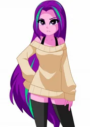 Size: 1400x1970 | Tagged: safe, artist:rosemile mulberry, derpibooru import, aria blaze, equestria girls, alternate clothes, alternate hairstyle, bra, clothes, image, jpeg, long hair, long sleeves, looking at you, loose hair, makeup, socks, stockings, sweater, thigh highs, underwear, zettai ryouiki