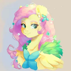 Size: 1536x1536 | Tagged: safe, artist:mikkybun, derpibooru import, fluttershy, pegasus, pony, bust, chest fluff, clothes, cute, dress, ear fluff, female, flower, flower in hair, gala dress, gradient background, image, jpeg, lidded eyes, looking offscreen, mare, shyabetes, signature, solo