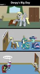 Size: 1920x3516 | Tagged: safe, artist:platinumdrop, derpibooru import, bon bon, derpy hooves, lyra heartstrings, photo finish, sweetie drops, oc, oc:anonfilly, earth pony, pegasus, pony, unicorn, 3 panel comic, bedroom, clothes, comic, commission, couch, door, dress, dresser, fashion, female, filly, food, hat, image, mare, monocle, muffin, png, sign, speech bubble, spread wings, sunglasses, table, top hat, window, wings