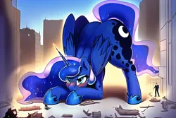 Size: 768x512 | Tagged: safe, derpibooru import, editor:giantpony, machine learning generated, novelai, stable diffusion, princess luna, alicorn, pony, affection, ai content, blushing, butt, caring, concerned, curious, debris, female, giant pony, giantess, growth, height difference, huge butt, image, implied rescue, kneeling, large butt, leaning forward, macro, macro/micro, maternaluna, missing accessory, moonbutt, motherly, png, story included, thicc thighs, tiny humans, wide hips, wreckage
