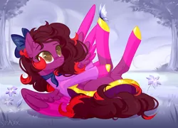 Size: 2364x1700 | Tagged: safe, artist:spark, derpibooru import, oc, oc:cassandra carat, butterfly, insect, pegasus, pony, bow, clothes, dress, female, flower, hair bow, image, mare, neckerchief, pegasus oc, png, solo, story included, wings