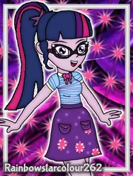 Size: 768x1024 | Tagged: safe, artist:rainbowstarcolour262, derpibooru import, part of a set, sci-twi, twilight sparkle, human, series:equ wallpapers, equestria girls, equestria girls series, :d, abstract background, clothes, cute, cutie mark, cutie mark background, cutie mark on clothes, female, geode of telekinesis, glasses, happy, image, magical geodes, open mouth, open smile, part of a series, png, ponytail, shirt, signature, skirt, smiling, solo, twiabetes