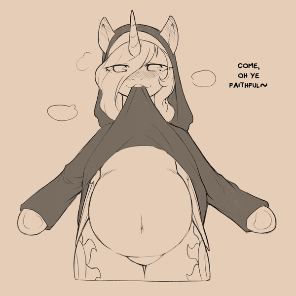 Size: 1200x1200 | Tagged: suggestive, artist:cold-blooded-twilight, derpibooru import, princess celestia, semi-anthro, belly, belly button, blushing, chubby, dialogue, featureless crotch, fetish, image, jpeg, monochrome, mouth hold, nun, robe lift, sketch, spread arms, wide hips