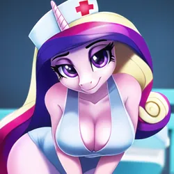 Size: 640x640 | Tagged: suggestive, derpibooru import, machine learning generated, novelai, stable diffusion, princess cadance, anthro, ai content, bed, bedroom eyes, big breasts, breasts, busty princess cadance, cleavage, female, hospital, hospital bed, image, looking at you, nurse, nurse outfit, png, smiling