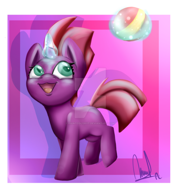 Size: 1024x1061 | Tagged: safe, artist:paintcoloryt, derpibooru import, fizzlepop berrytwist, tempest shadow, pony, unicorn, broken horn, cute, deviantart watermark, female, filly, filly tempest shadow, foal, glow, glowing horn, horn, image, looking up, magic, obtrusive watermark, open mouth, png, signature, solo, tempestbetes, watermark, younger