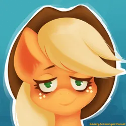 Size: 2000x2000 | Tagged: safe, artist:margaritaenot, derpibooru import, applejack, earth pony, pony, blue background, bust, gradient background, hat, image, png, portrait, simple background, solo