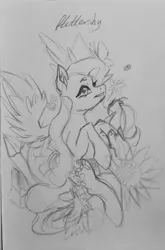 Size: 2460x3720 | Tagged: safe, artist:dankpegasista, derpibooru import, fluttershy, bee, bird, butterfly, insect, parrot, pegasus, pony, black and white, cheek fluff, crystal, cute, decoration, derpibooru exclusive, ear fluff, eyebrows, eyelashes, feathered wings, female, flower, flowy mane, food, friendship student, fruit, full body, gem, grayscale, high res, image, jpeg, large wings, lemon slice, long eyelashes, long hair, long mane, long tail, looking at you, mare, minimalist, modern art, monochrome, pencil drawing, photo, pineapple, pose, raised hoof, rough sketch, shyabetes, sketch, smiling, smiling at you, smirk, solo, spread wings, sunflower, tail, traditional art, upright, wings, writing