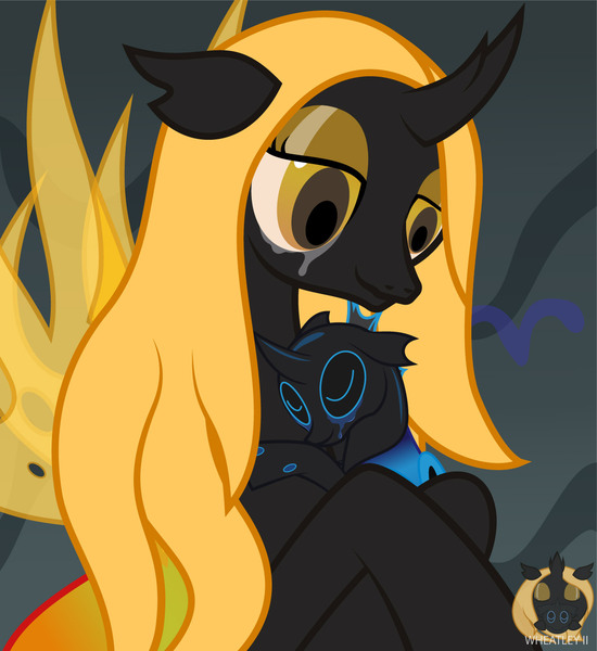 Size: 1260x1374 | Tagged: safe, artist:wheatley r.h., derpibooru import, oc, oc:reina nekchiua, oc:w. rhinestone eyes, unofficial characters only, changeling, changeling queen, pony, blue changeling, changeling oc, crying, derpibooru exclusive, female, happy, honeypot changeling, hug, image, jpeg, male, mare, mother and child, mother's day, size difference, stallion, tears of joy, vector, watermark, yellow changeling