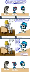 Size: 1400x3352 | Tagged: safe, artist:esuka, derpibooru import, mr. waddle, octavia melody, vinyl scratch, oc, earth pony, pony, unicorn, ask-canterlot-musicians, glasses, image, magic, png, wig