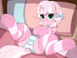 Size: 4000x3000 | Tagged: suggestive, artist:marshmallowfluff, derpibooru import, oc, oc:marshmallow fluff, unofficial characters only, pony, unicorn, bed, blushing, bow, clothes, cute, cute porn, dock, freckles, hair bow, image, lying down, on back, on bed, panties, png, socks, spread legs, spreading, striped socks, striped underwear, tail, underwear