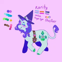 Size: 1440x1440 | Tagged: safe, artist:ariariari.png, derpibooru import, rarity, pony, unicorn, alternate cutie mark, alternate universe, asexual, asexual pride flag, bag, colored hooves, female, hat, image, jpeg, leonine tail, lesbian, lesbian pride flag, minecraft, neurodivergent, pouch, pride, pride flag, pronouns, reference sheet, solo, tail, transgender, transgender pride flag, witch, witch hat