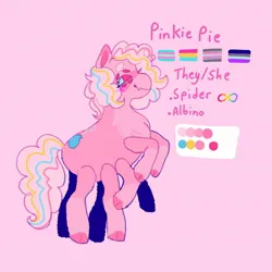 Size: 1440x1440 | Tagged: safe, artist:ariariari.png, derpibooru import, pinkie pie, monster pony, original species, pony, spiderpony, albino, alternate design, alternate universe, asexual, asexual pride flag, demigirl, demigirl pride flag, image, jpeg, minecraft, multiple eyes, multiple legs, multiple limbs, neurodivergent, pansexual, pansexual pride flag, pride, pride flag, pronouns, reference sheet, solo, transgender, transgender pride flag, twitterina design
