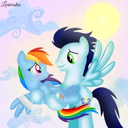 Size: 1400x1400 | Tagged: safe, artist:mlplary6, derpibooru import, rainbow dash, soarin', pegasus, pony, blushing, carrying, cloud, female, flying, image, looking at each other, looking at someone, male, mare, png, romantic, shipping, sky, smiling, smiling at each other, soarindash, stallion, straight, sun