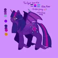 Size: 1440x1440 | Tagged: safe, artist:ariariari.png, derpibooru import, twilight sparkle, ponified, enderman, enderpony, pony, alternate universe, asexual, asexual pride flag, bat wings, bisexual pride flag, bisexuality, glasses, image, jpeg, minecraft, neurodivergent, pride, pride flag, reference sheet, solo, transgender, transgender pride flag, unshorn fetlocks, wings