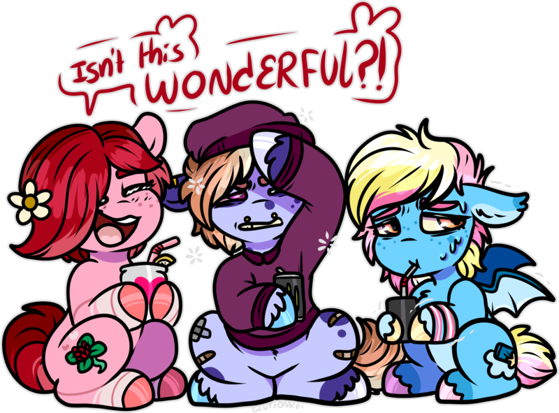 Size: 1902x1406 | Tagged: safe, artist:sexygoatgod, derpibooru import, oc, oc:dozy daisy, oc:hot rod, oc:rosie posie, unofficial characters only, bat pony, earth pony, pony, bandaid, beanie, chibi, clothes, drink, drinking, drinking straw, female, flower, flower in hair, hat, hoodie, image, male, mare, piercing, png, pride flag, stallion, transgender, unshorn fetlocks