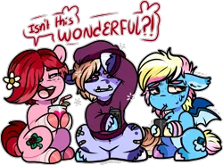 Size: 1902x1406 | Tagged: safe, artist:sexygoatgod, derpibooru import, oc, oc:dozy daisy, oc:hot rod, oc:rosie posie, unofficial characters only, bat pony, earth pony, pony, bandaid, beanie, chibi, clothes, drink, drinking, drinking straw, female, flower, flower in hair, hat, hoodie, image, male, mare, piercing, png, pride flag, stallion, transgender, unshorn fetlocks