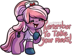 Size: 1643x1260 | Tagged: safe, artist:sexygoatgod, derpibooru import, oc, oc:bedside cheer, unofficial characters only, earth pony, pony, chibi, clothes, female, gloves, image, mare, medical gloves, nurse, nurse outfit, png, smiling