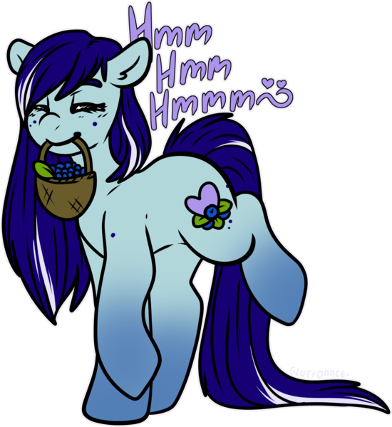 Size: 1524x1662 | Tagged: safe, artist:sexygoatgod, derpibooru import, oc, oc:blueberry bashful, unofficial characters only, earth pony, pony, basket, blueberry, female, food, humming, image, mare, png