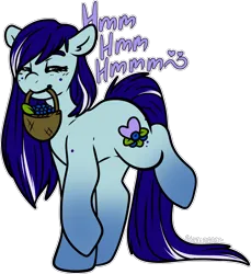 Size: 1524x1662 | Tagged: safe, artist:sexygoatgod, derpibooru import, oc, oc:blueberry bashful, unofficial characters only, earth pony, pony, basket, blueberry, female, food, humming, image, mare, png