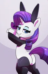 Size: 1161x1771 | Tagged: suggestive, artist:pabbley, derpibooru import, rarity, pony, unicorn, bedroom eyes, bipedal, bunny ears, bunny suit, butt, clothes, female, image, jpeg, looking at you, looking back, looking back at you, mare, playboy bunny rarity, plot, rearity, reverse bunny suit, solo, solo female