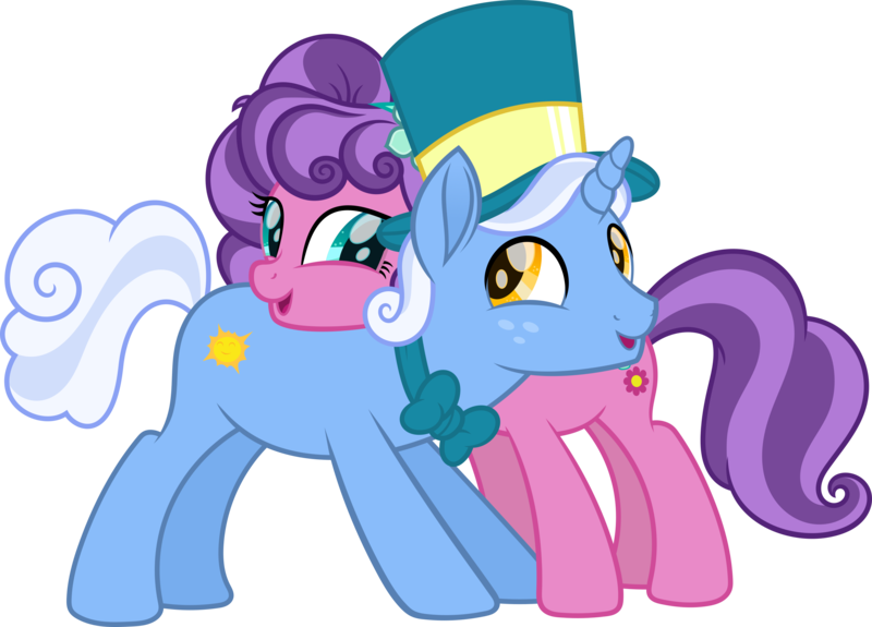Size: 3090x2221 | Tagged: safe, artist:starryshineviolet, derpibooru import, petunia petals, sunny skies, earth pony, pony, unicorn, rainbow roadtrip, bowtie, duo, female, flower, flower in hair, hat, high res, hug, hug from behind, image, looking at each other, looking at someone, male, mare, png, simple background, smiling, smiling at each other, stallion, top hat, transparent background, vector