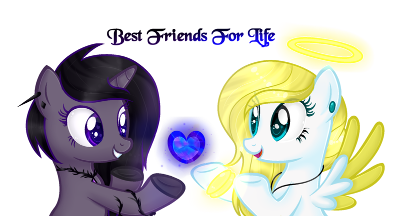 Size: 2193x1186 | Tagged: safe, artist:angellightyt, derpibooru import, oc, unofficial characters only, pegasus, pony, unicorn, base used, colored wings, duo, ear piercing, eyelashes, female, grin, halo, horn, image, mare, pegasus oc, piercing, png, simple background, smiling, transparent background, two toned wings, unicorn oc, wings