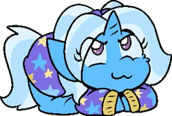 Size: 323x218 | Tagged: safe, artist:zutcha, derpibooru import, trixie, pony, unicorn, alternate hairstyle, babysitter trixie, clothes, eye clipping through hair, female, hoodie, image, looking up, lying down, mare, png, ponyloaf, prone, simple background, smiling, solo, transparent background