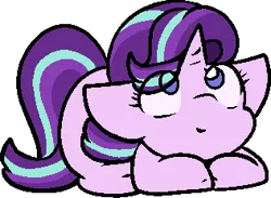 Size: 316x231 | Tagged: safe, artist:zutcha, derpibooru import, starlight glimmer, pony, unicorn, cute, eye clipping through hair, female, glimmerbetes, image, looking up, lying down, mare, png, ponyloaf, prone, simple background, smiling, solo, transparent background
