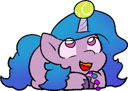 Size: 361x259 | Tagged: safe, artist:zutcha, derpibooru import, izzy moonbow, pony, unicorn, g5, ball, cute, eye clipping through hair, female, image, izzy's tennis ball, izzybetes, looking up, lying down, mare, open mouth, open smile, png, ponyloaf, prone, simple background, smiling, solo, tennis ball, transparent background