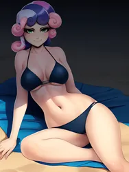 Size: 1020x1360 | Tagged: suggestive, derpibooru import, editor:sammykun, machine learning generated, stable diffusion, sweetie belle, human, ai content, beach, beach towel, bedroom eyes, belly button, bikini, breasts, busty sweetie belle, clothes, darkness, humanized, image, looking at you, midriff, older, older sweetie belle, png, sand, sexy, shadow, stupid sexy sweetie belle, sultry pose, swimsuit, towel