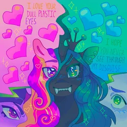 Size: 1440x1440 | Tagged: safe, artist:ariariari.png, derpibooru import, princess cadance, queen chrysalis, shining armor, twilight sparkle, changeling, changeling queen, pony, crown, disguise, disguised changeling, female, heart, image, jewelry, jpeg, lyrics, regalia, text