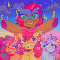 Size: 1440x1440 | Tagged: safe, artist:ariariari.png, derpibooru import, apple bloom, babs seed, scootaloo, sweetie belle, pony, crying, cutie mark crusaders, flower, flower in hair, food, group, ice cream, image, jpeg, quartet, seeds, storm, sweat, sweatdrops, tomato, tomatoes
