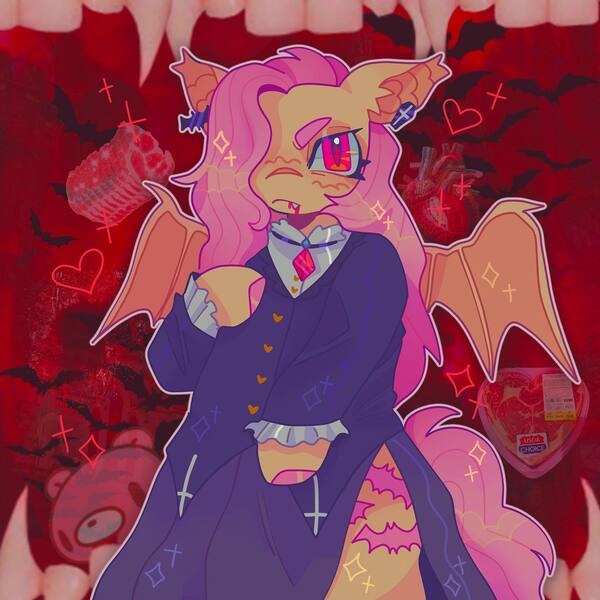 Size: 1440x1440 | Tagged: safe, artist:ariariari.png, derpibooru import, fluttershy, bat pony, pony, semi-anthro, bat ears, bat ponified, bat wings, clothes, colored, dress, ear piercing, flutterbat, fluttergoth, hair over one eye, image, jewelry, jpeg, necklace, piercing, race swap, solo, wings