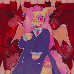 Size: 1440x1440 | Tagged: safe, artist:ariariari.png, derpibooru import, fluttershy, bat pony, pony, semi-anthro, bat ears, bat ponified, bat wings, clothes, colored, dress, ear piercing, flutterbat, fluttergoth, hair over one eye, image, jewelry, jpeg, necklace, piercing, race swap, solo, wings