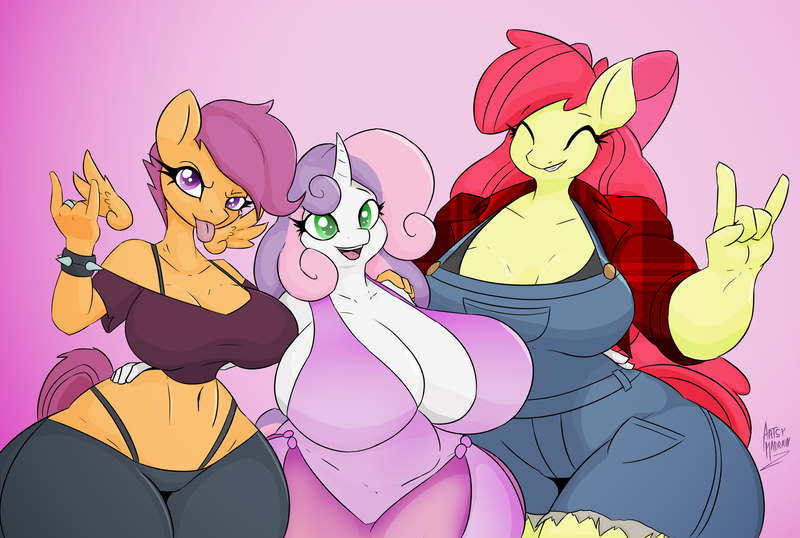 Size: 3170x2131 | Tagged: suggestive, alternate version, artist:artsy madraw, derpibooru import, apple bloom, scootaloo, sweetie belle, anthro, earth pony, pegasus, unicorn, :p, ^^, apple brawn, arm around back, arm around neck, belly button, big breasts, bra, bra strap, bracelet, breasts, busty apple bloom, busty cmc, busty scootaloo, busty sweetie belle, cleavage, clothes, commission, curvy, cutie mark crusaders, devil horn (gesture), dress, eyes closed, female, females only, floating wings, gradient background, grin, height difference, high res, huge breasts, image, impossibly large breasts, impossibly large thighs, impossibly wide hips, inverted nipples, jewelry, looking at you, midriff, muscles, nipples, nudity, older, older apple bloom, older cmc, older scootaloo, older sweetie belle, overalls, panties, pants, plaid, plaid shirt, png, shirt, shortstack, shoulderless, simple background, smiling, thighs, thunder thighs, tongue out, trio, trio female, underwear, wide hips, winged anthro, wings