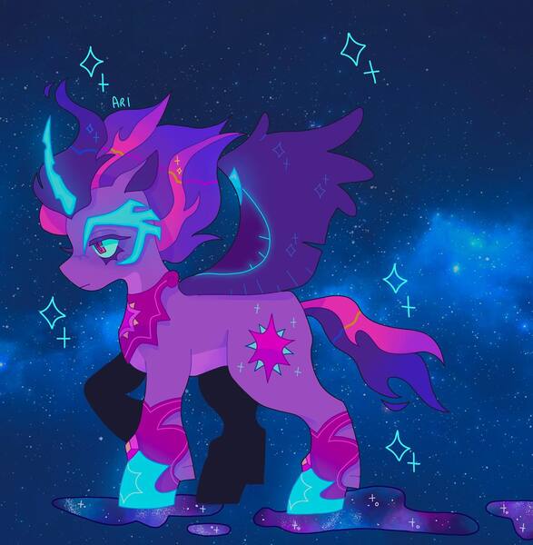 Size: 1440x1472 | Tagged: safe, artist:ariariari.png, derpibooru import, twilight sparkle, ponified, alicorn, pony, equestria girls, curved horn, galaxy, horn, image, jpeg, lyrics in the description, midnight sparkle, solo