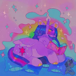 Size: 1440x1440 | Tagged: safe, artist:ariariari.png, derpibooru import, smarty pants, twilight sparkle, twilight sparkle (alicorn), alicorn, pony, book, colored hooves, image, jpeg, pillow, sleeping, solo