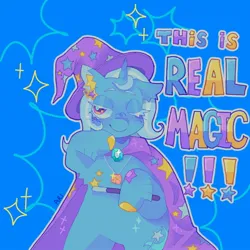 Size: 1440x1440 | Tagged: safe, artist:ariariari.png, derpibooru import, trixie, pony, unicorn, cape, clothes, ear piercing, hat, image, jpeg, magic wand, one eye closed, piercing, solo, text, trixie's cape, trixie's hat, wink