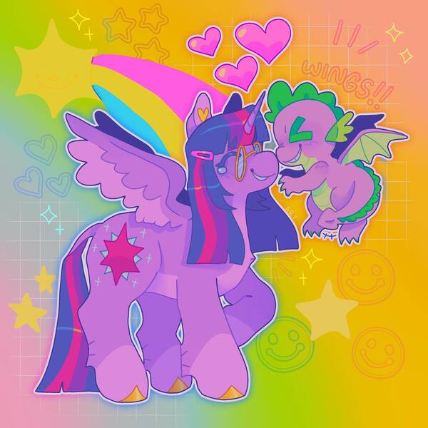 Size: 1440x1440 | Tagged: safe, artist:ariariari.png, derpibooru import, spike, twilight sparkle, twilight sparkle (alicorn), alicorn, dragon, pony, colored hooves, duo, glasses, heart, image, jpeg, nose to nose, spread wings, sun, teary eyes, winged spike, wings