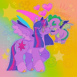 Size: 1440x1440 | Tagged: safe, artist:ariariari.png, derpibooru import, spike, twilight sparkle, twilight sparkle (alicorn), alicorn, dragon, pony, colored hooves, duo, glasses, heart, image, jpeg, nose to nose, spread wings, sun, teary eyes, winged spike, wings