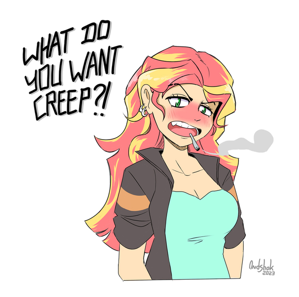 Size: 900x891 | Tagged: safe, artist:0ndshok, derpibooru import, sunset shimmer, human, equestria girls, blushing, breasts, busty sunset shimmer, cigarette, cleavage, female, image, jpeg, simple background, smoking, solo, talking to viewer, white background