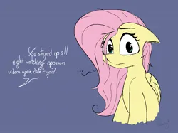 Size: 1075x806 | Tagged: safe, artist:pinkberry, derpibooru import, fluttershy, ..., bags under eyes, guilty, image, jpeg, looking at you, messy mane, offscreen character, question, simple background, solo focus, text, tired