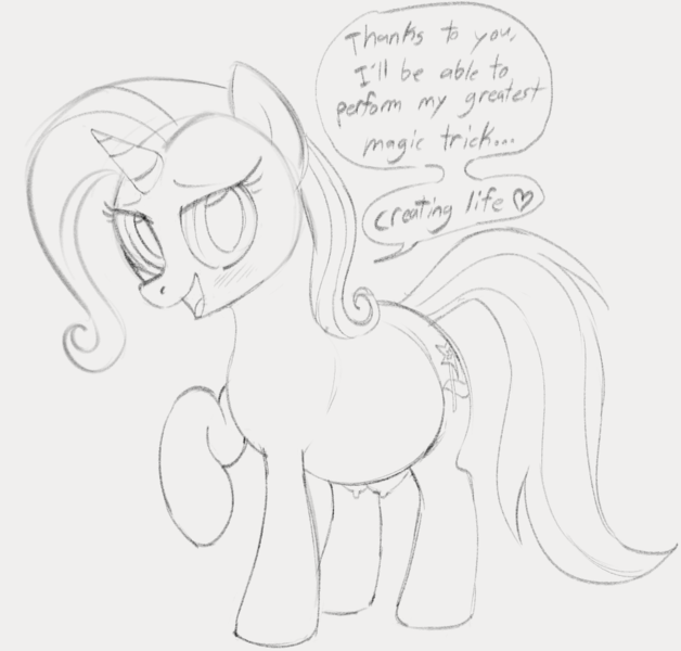 Size: 952x909 | Tagged: questionable, artist:dotkwa, derpibooru import, trixie, pony, unicorn, crotchboobs, dialogue, female, gray background, grayscale, image, looking at you, mare, monochrome, nipples, nudity, open mouth, open smile, png, pregnant, simple background, sketch, smiling, smiling at you, solo, solo female, speech bubble, talking to viewer, teats