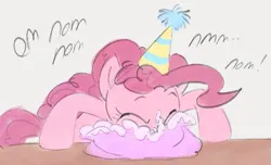 Size: 1045x637 | Tagged: safe, artist:dotkwa, derpibooru import, pinkie pie, earth pony, pony, cake, cute, diapinkes, eating, eyes closed, female, food, gray background, hat, image, mare, messy eating, nom, party hat, png, simple background, solo
