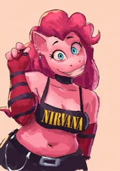 Size: 1441x2048 | Tagged: safe, artist:redustheriotact, derpibooru import, pinkie pie, anthro, earth pony, pony, belly button, breasts, busty pinkie pie, choker, cleavage, clothes, ear piercing, earring, female, gloves, grin, image, jewelry, jpeg, looking at you, mare, midriff, orange background, piercing, plump, simple background, smiling, smiling at you, solo, striped gloves