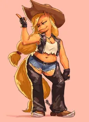 Size: 1500x2048 | Tagged: safe, artist:redustheriotact, derpibooru import, applejack, anthro, earth pony, plantigrade anthro, pony, belly button, boots, breasts, busty applejack, chaps, cleavage, clothes, cowboy boots, daisy dukes, female, image, jpeg, leather, leather vest, mare, midriff, pink background, plump, shoes, shorts, simple background, smiling, solo, spurs, vest