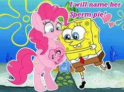 Size: 1366x1024 | Tagged: suggestive, artist:mlpcartel, derpibooru import, pinkie pie, oc, oc:sperm pie, bikini, bikini bottom, clothes, fetus, hug, image, parent:pinkie pie, parent:spongebob, pinkiesponge, png, pregnant, spongebob squarepants, spongebob squarepants (character), swimsuit, why
