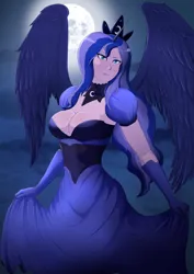 Size: 2894x4093 | Tagged: safe, artist:symptom99, derpibooru import, princess luna, human, absolute cleavage, alicorn humanization, big breasts, breasts, busty princess luna, cleavage, clothes, crown, dress, female, high res, horn, horned humanization, humanized, image, jewelry, looking at you, png, regalia, solo, strapless, winged humanization, wings