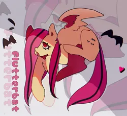 Size: 1851x1683 | Tagged: safe, artist:emoboy130, derpibooru import, fluttershy, bat, bat pony, pony, bat ponified, emoshy, female, flutterbat, hair over one eye, heart, image, jpeg, looking up, mare, name, open mouth, partially open wings, race swap, wings, zoom layer